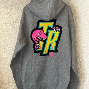 Mitchell & Ness Gray Hoodie with Pink Dinosaur and Yellow-Blue Accents